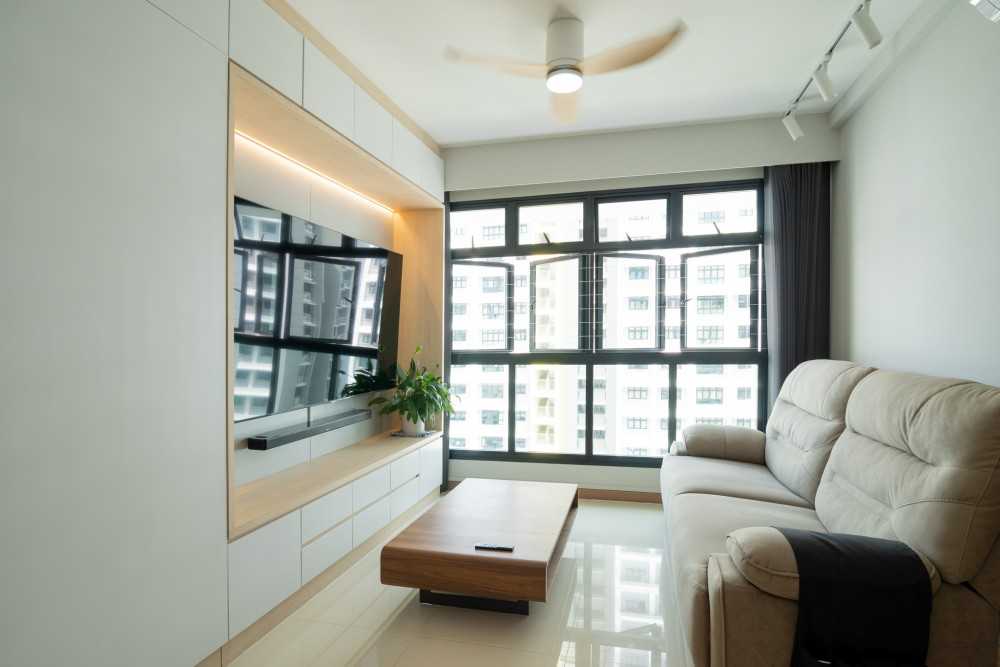 Scandinavian Living Room with TV Console and Feature Wall