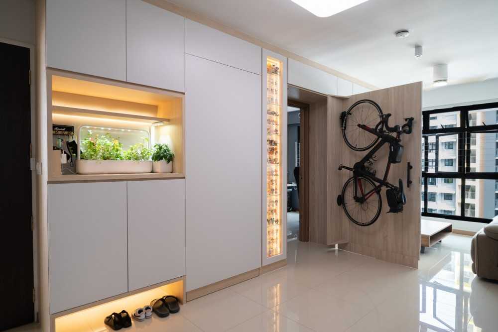Scandinavian Living Room with Shoe Rack and Display Cabinets