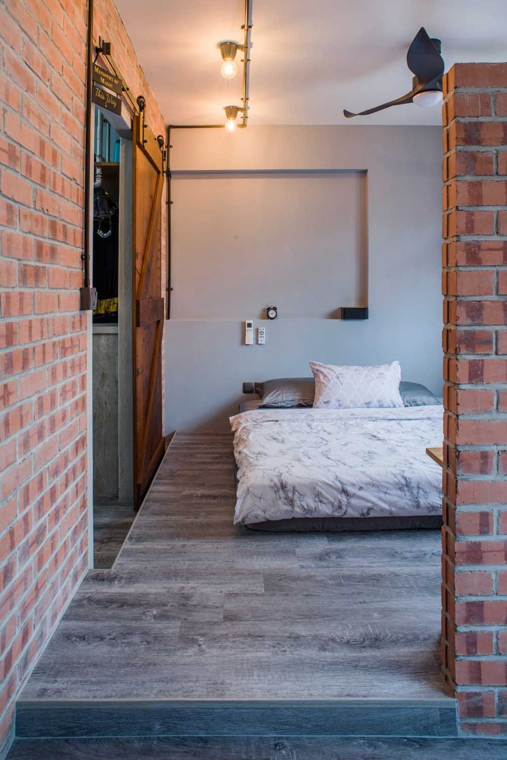 Industrial Bedroom with Ceiling Light and Ceiling Fan