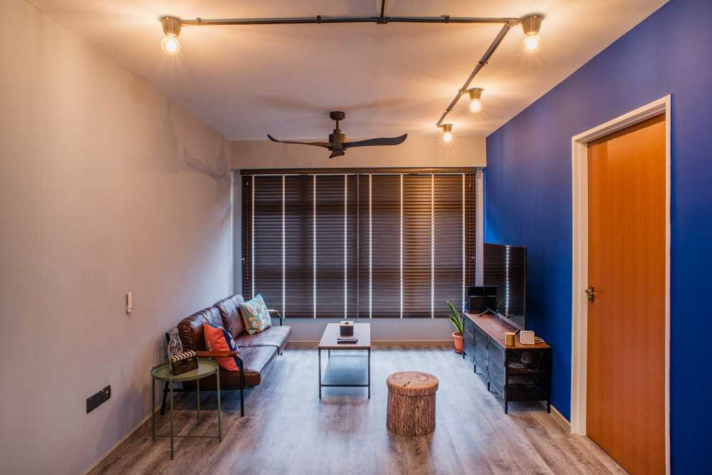 Industrial Living Room with TV Console and Ceiling Fan