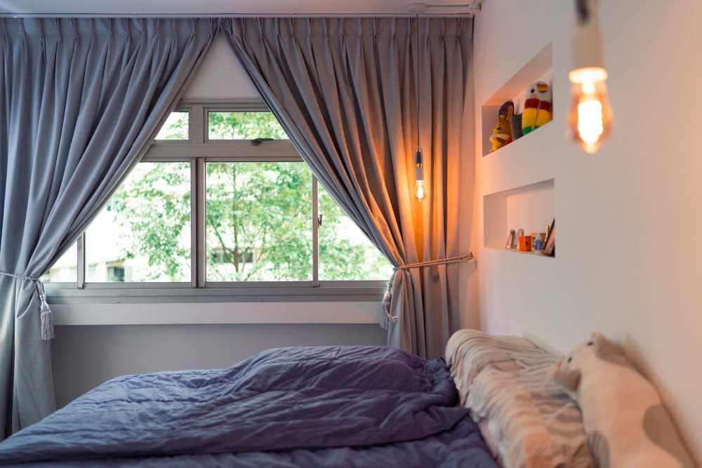 Minimalist Bedroom with Curtain and Wall Shelves