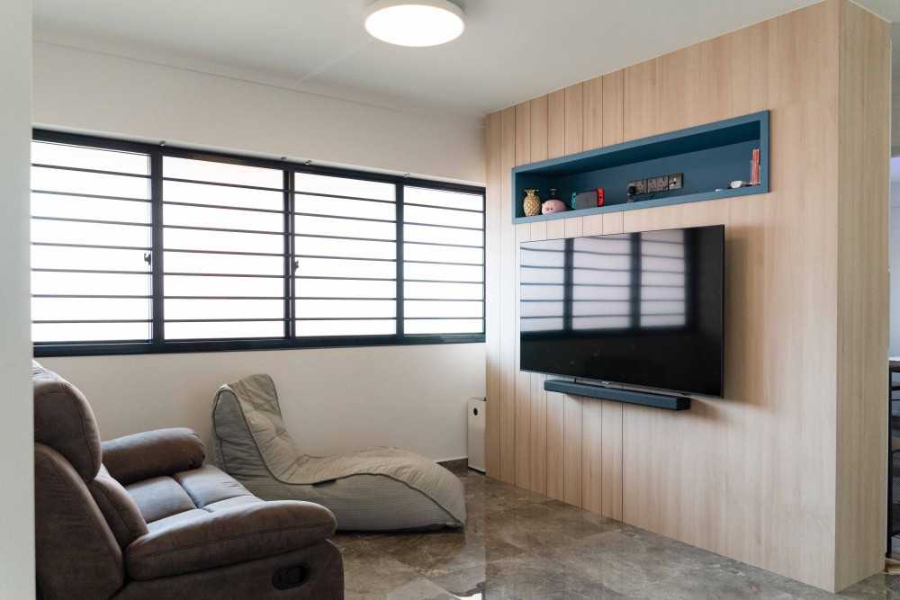 Scandinavian Living Room with TV Console and Feature Wall