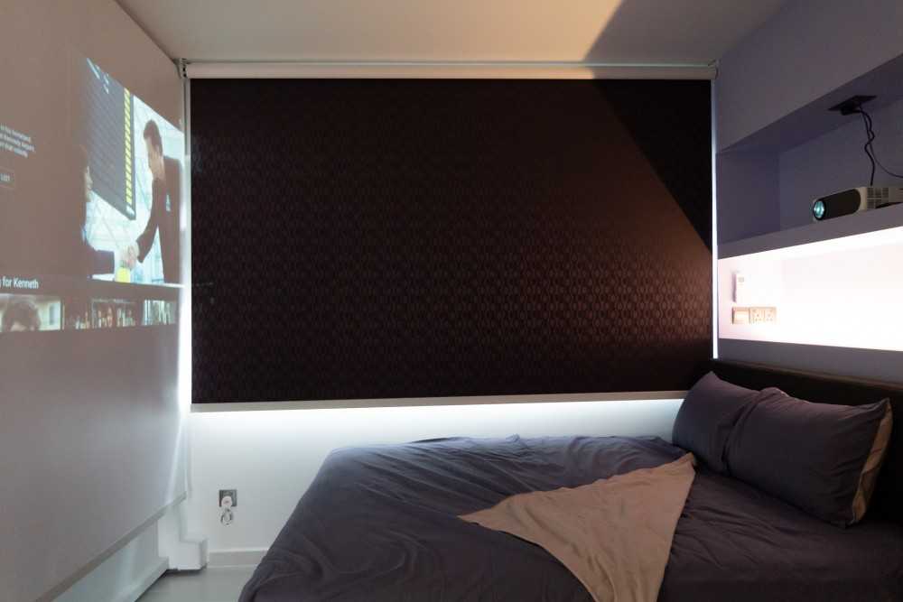 Scandinavian Bedroom with Roller Blinds and Projector