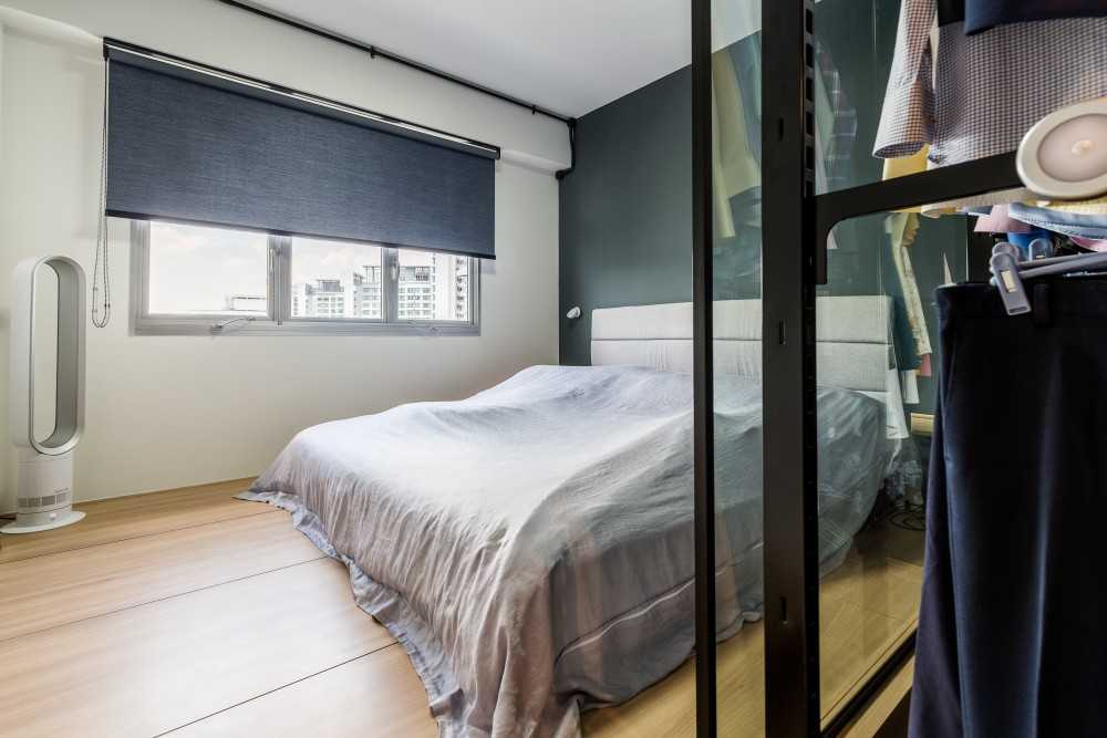 Contemporary Bedroom with Platform Bed and Roller Blinds