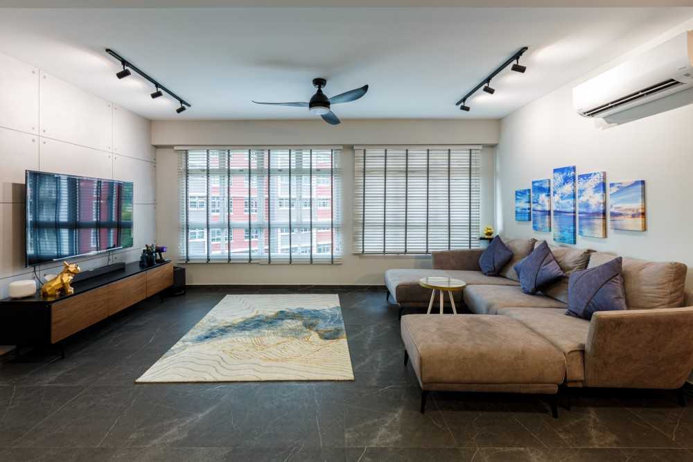 Modern Living Room with TV Console and Ceiling Fan