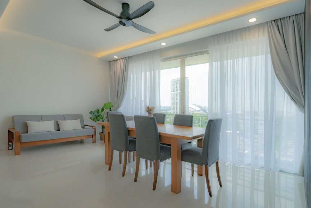 Modern Dining Room with Marble Floor and Cove Lighting