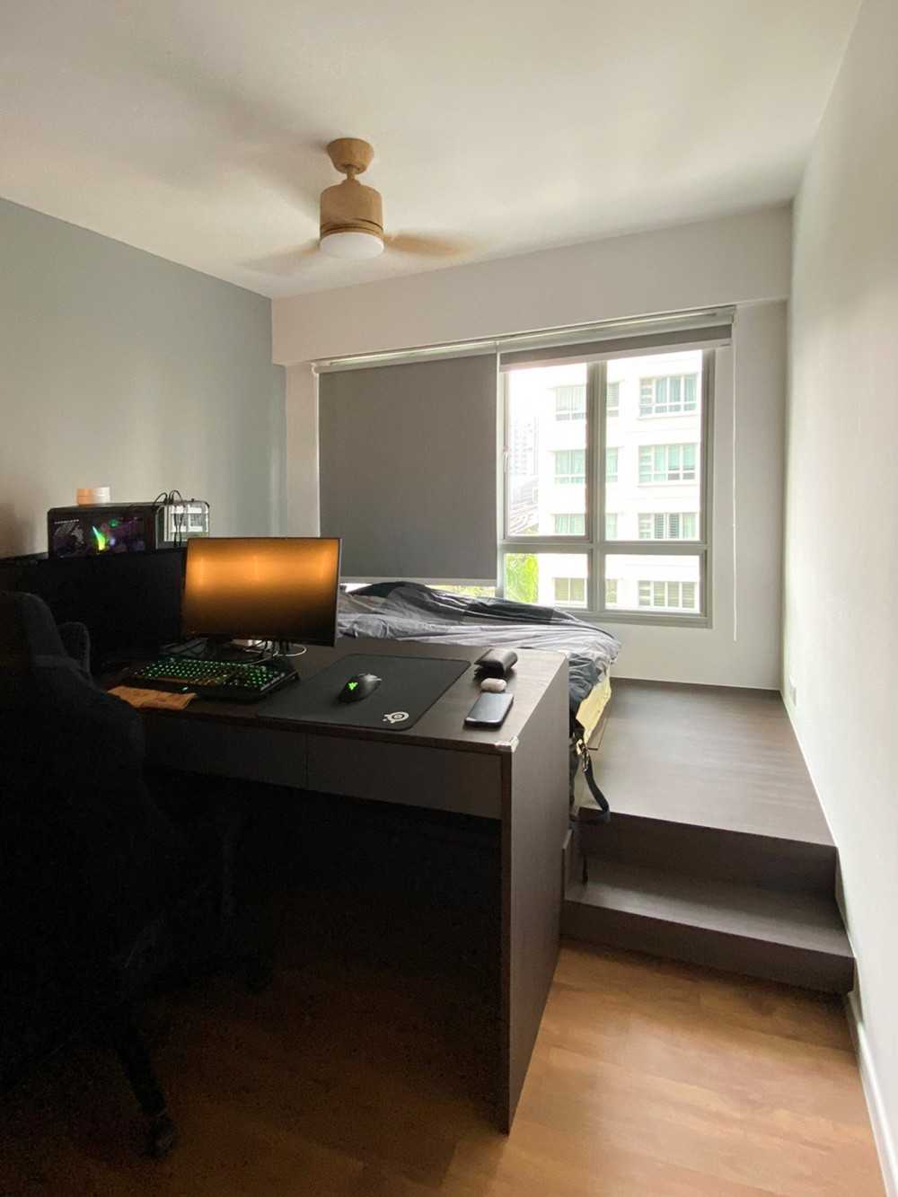 Scandinavian Bedroom with Built-in Bed and Window Grille