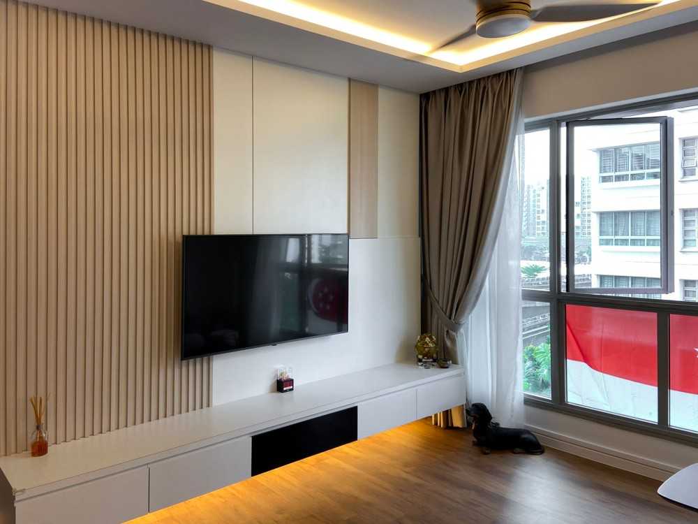 Scandinavian Living Room with TV Console and Feature Wall