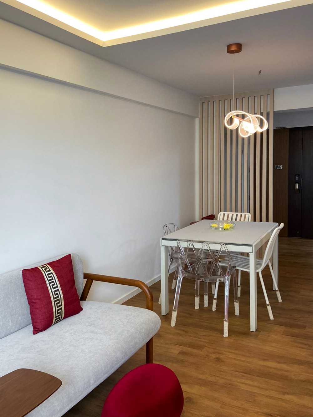 Scandinavian Dining Room with Dining Table and Paintings