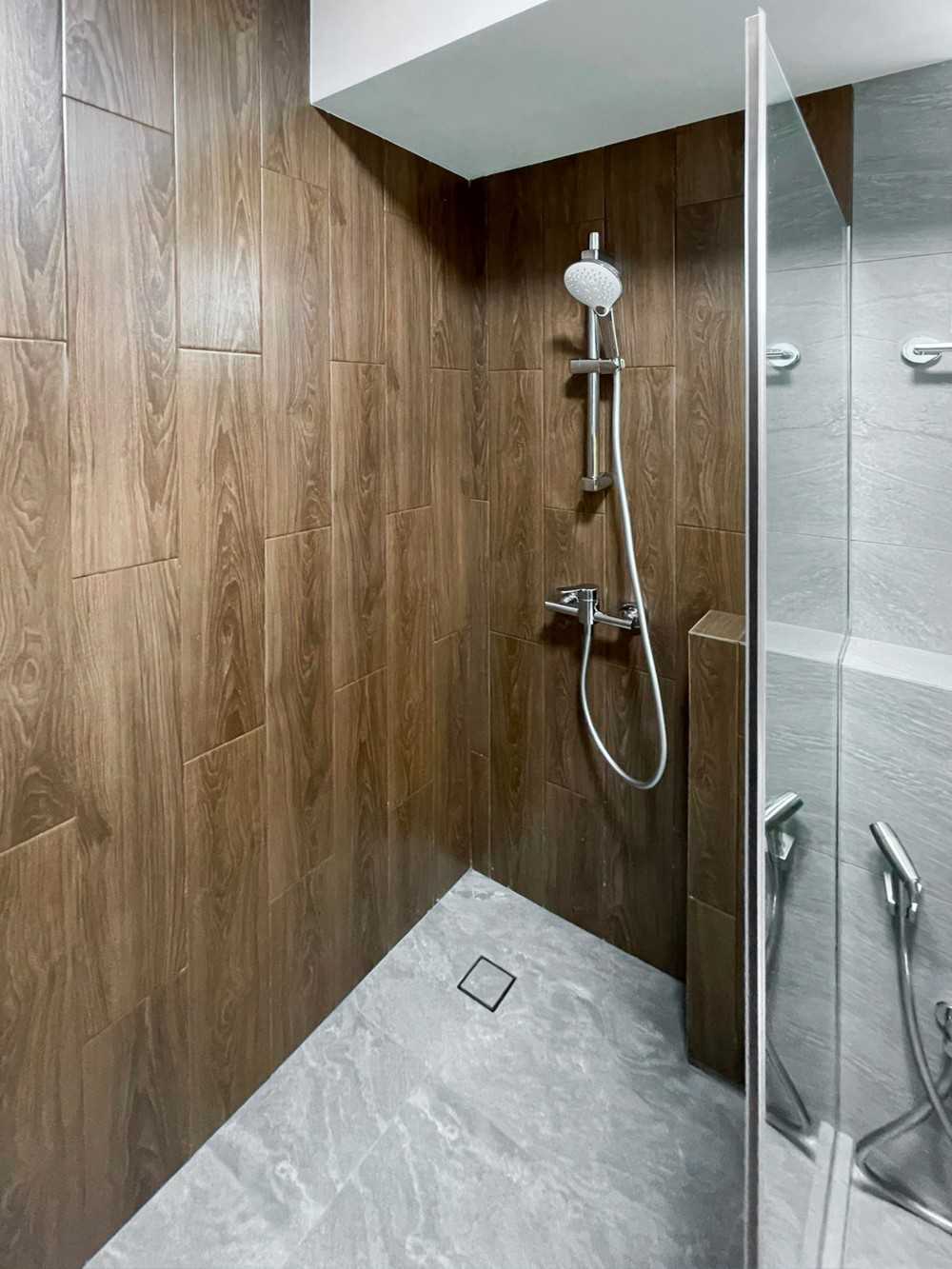 Scandinavian Bathroom with Shower Screen and Paintings