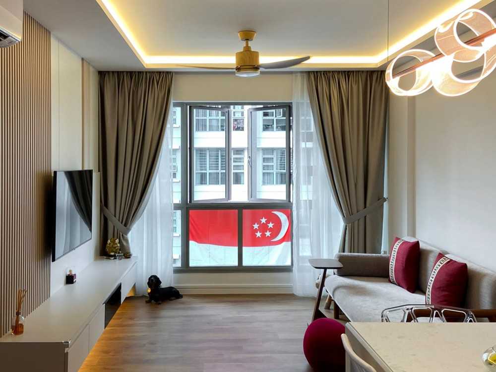 Scandinavian Living Room with TV Console and Window Grille