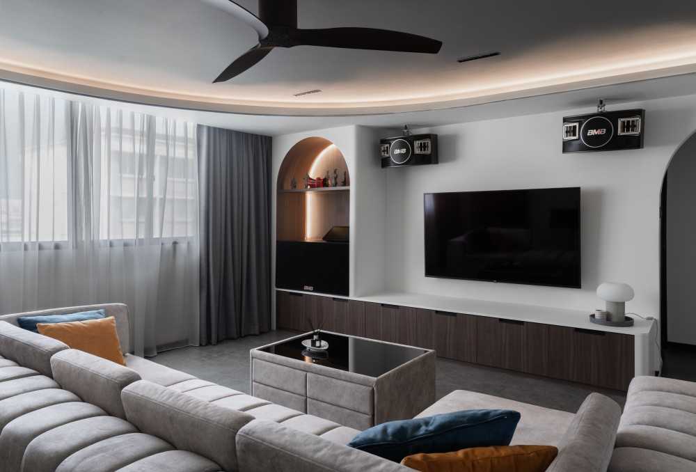 Contemporary Living Room with TV Console and Cove Lighting