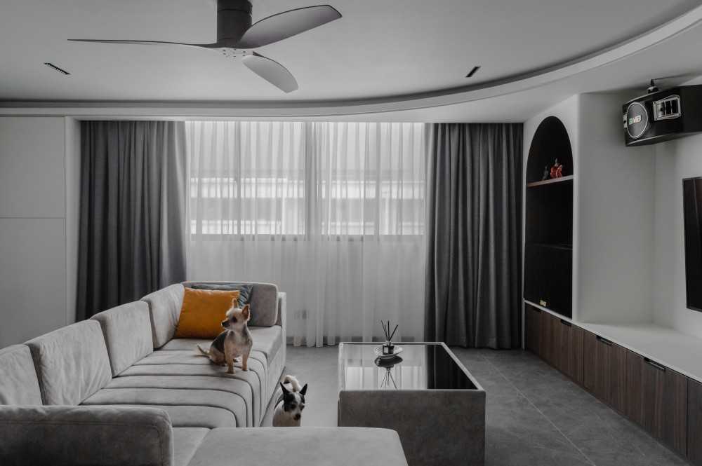 Contemporary Living Room with TV Console and Cove Lighting