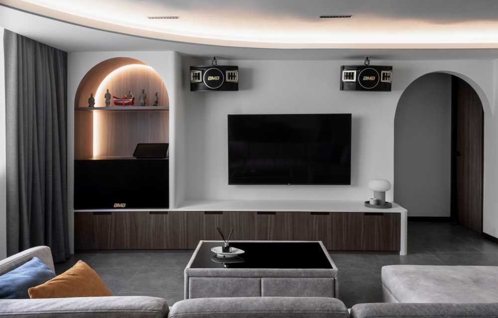 Contemporary Living Room with TV Console and Cove Lighting