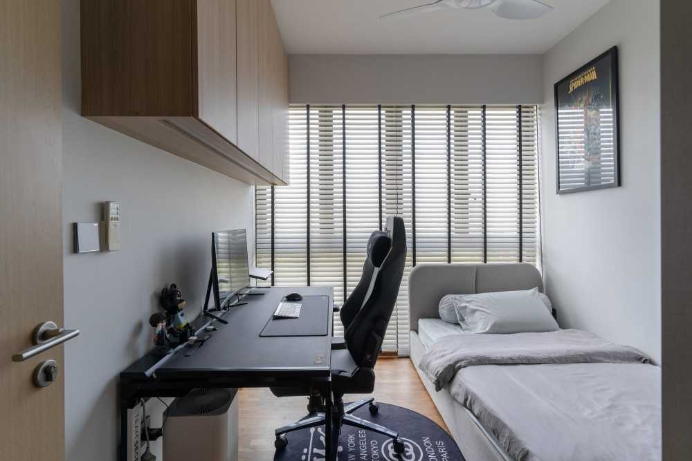 Scandinavian Bedroom with Storage Cabinets and Bed