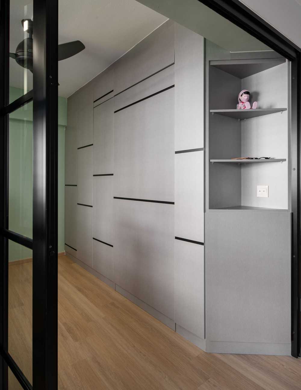 Contemporary Bedroom with Bookshelf and Vinyl Flooring