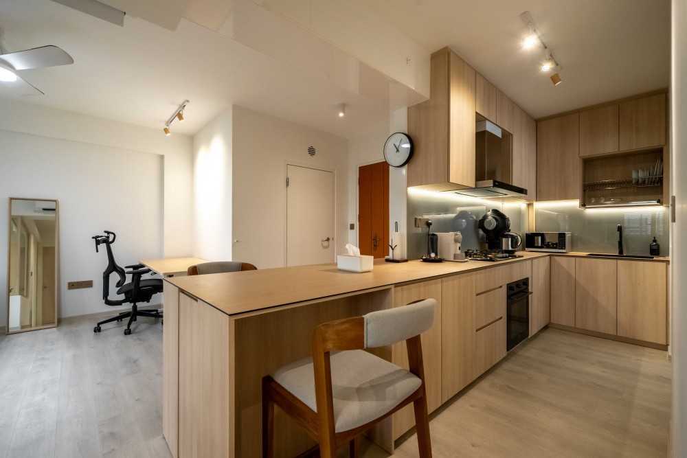 Minimalist Kitchen with Vinyl Flooring and Herringbone Tiling