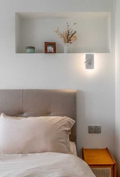 Scandinavian Bedroom with Bedside Table and Wall Shelves