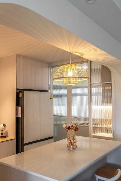 Scandinavian Dining Room with Kitchen Island and Lighting