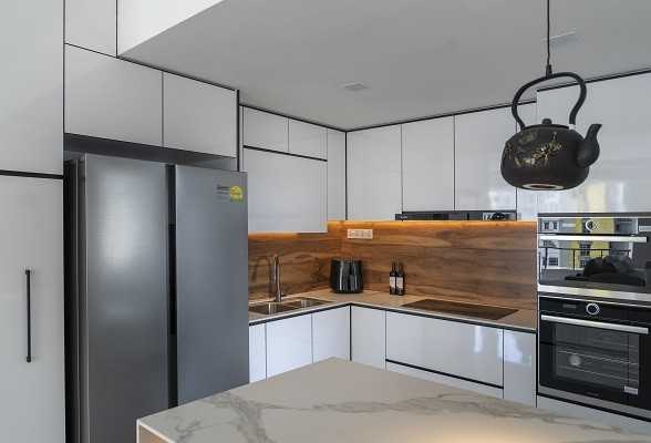 Asian Kitchen with Countertop and Kitchen Island