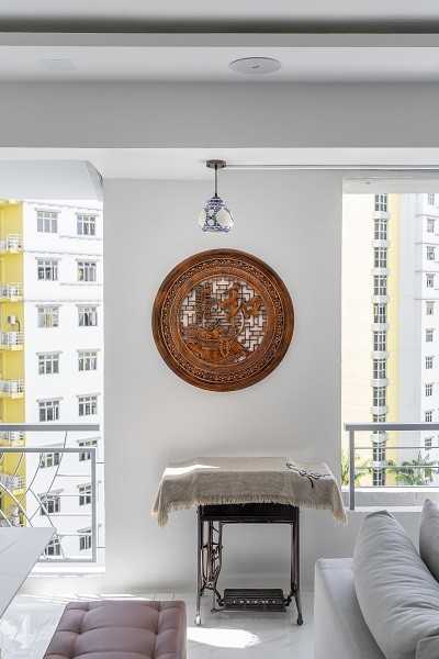 Asian Living Room with Ceiling Light and Sofa