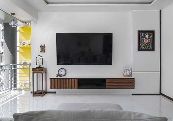 Asian Living Room with TV Console and TV