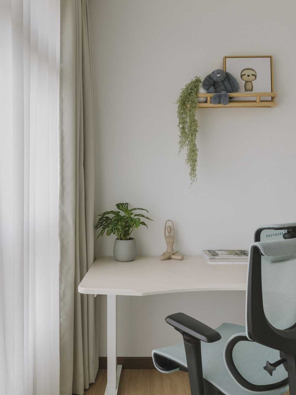 Scandinavian Bedroom with Curtain and Wall Shelves