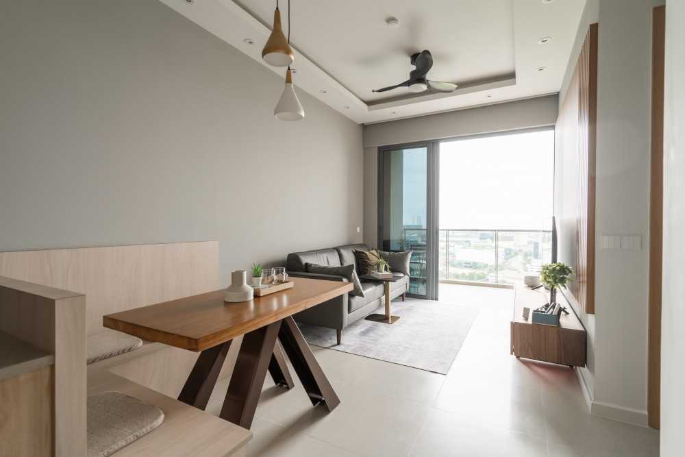 Minimalist Dining Room with Drop Ceiling and Ceiling Fan
