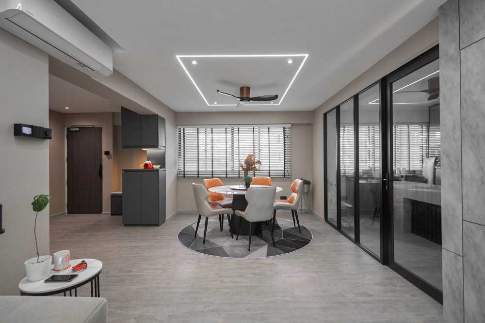 Contemporary Living Room with Glass Door and Ceiling Light