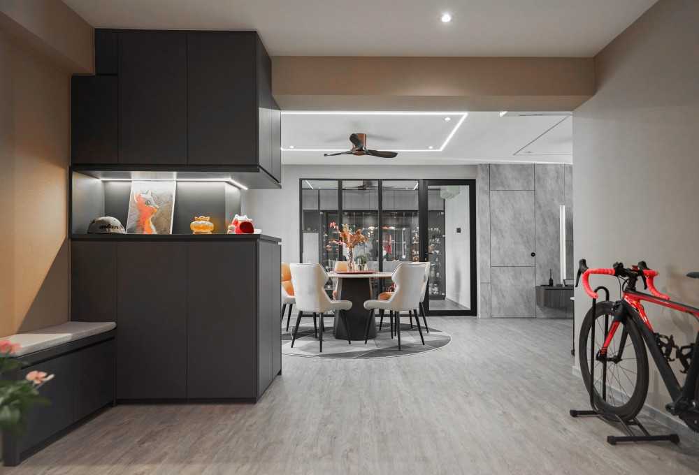 Contemporary Living Room with Dining Chairs and Seating Bench