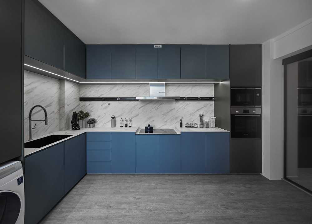 Contemporary Kitchen with Feature Wall and Storage Cabinets