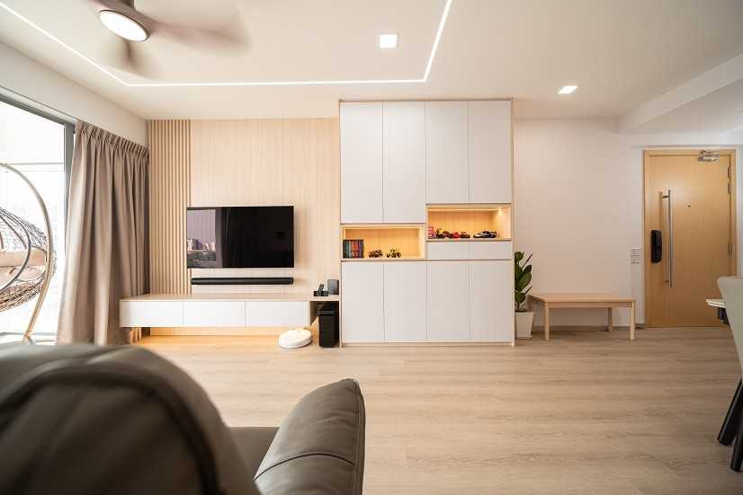 Scandinavian Living Room with Bookshelf and Vinyl Flooring