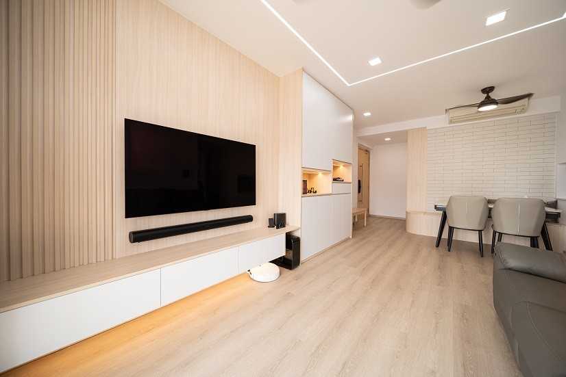Scandinavian Living Room with Vinyl Flooring and TV Console