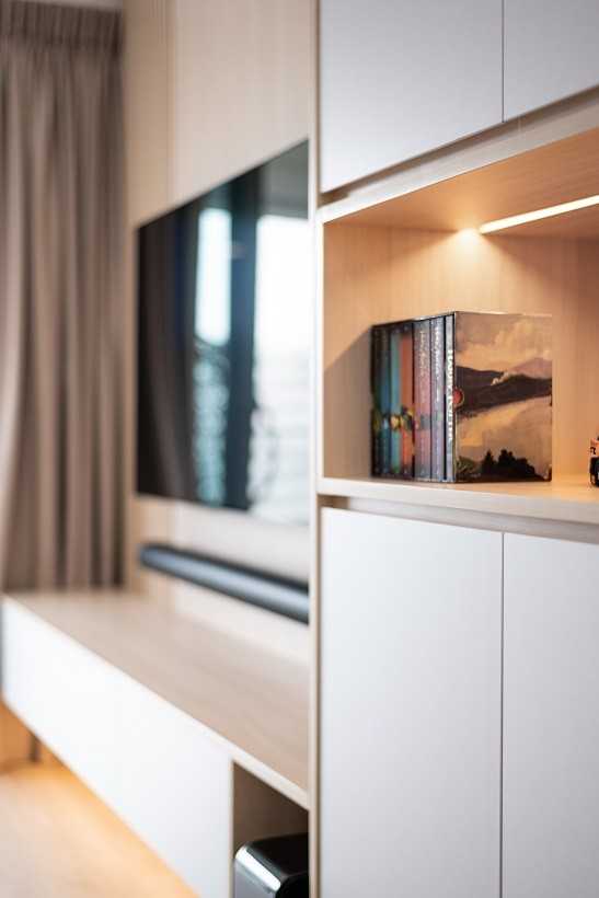 Scandinavian Living Room with Bookshelf and Feature Wall