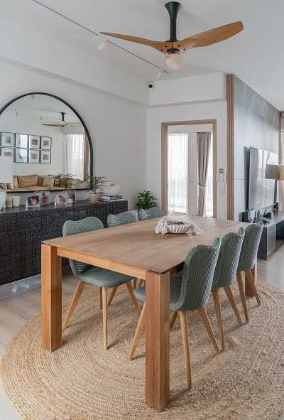 Scandinavian Dining Room with Ceiling Fan and Carpet