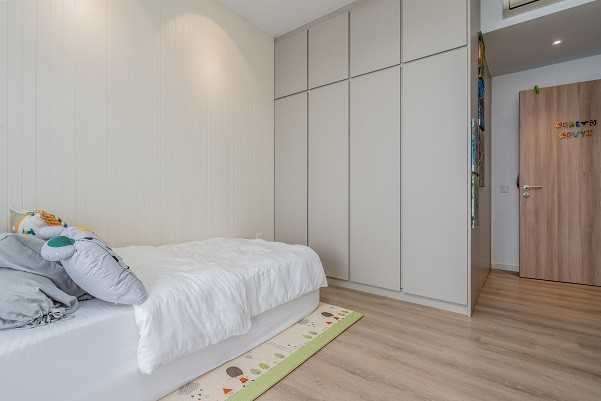 Scandinavian Bedroom with Vinyl Flooring and Cove Lighting