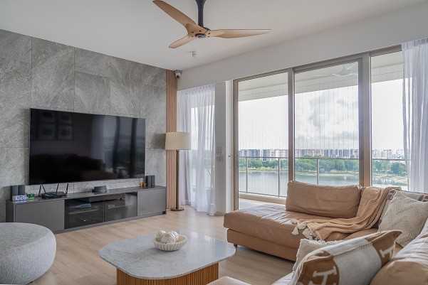 Scandinavian Living Room with Vinyl Flooring and TV Console