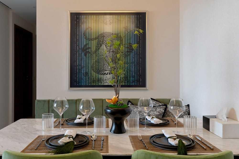 Contemporary Dining Room with Drop Light and Cove Lighting
