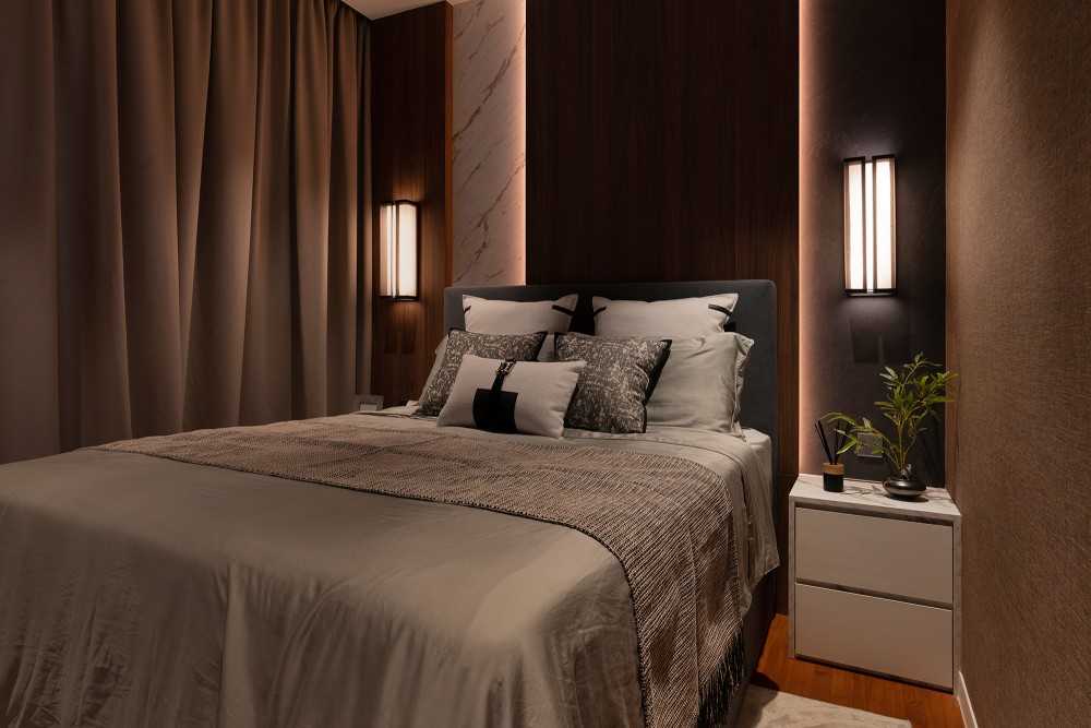 Contemporary Bedroom with Parquet Floor and Cove Lighting
