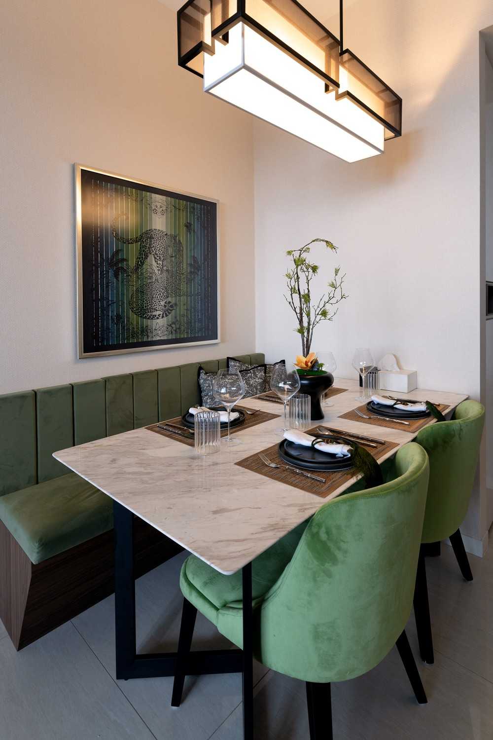 Contemporary Dining Room with Ceiling Light and Chandelier