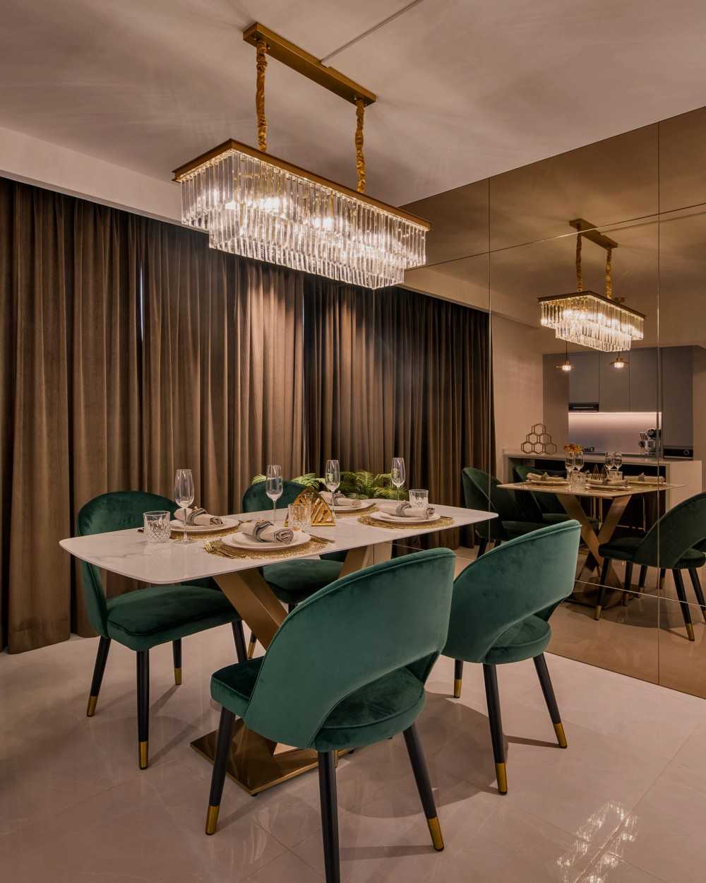 Modern Dining Room with Chandelier and Tableware