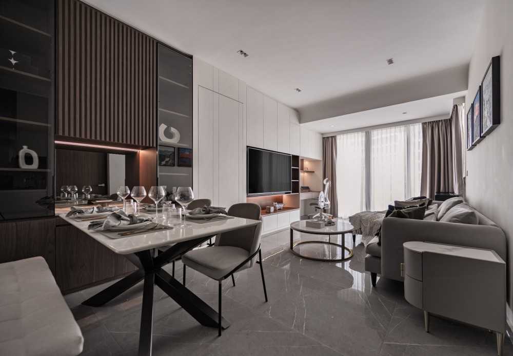 Contemporary Living Room with TV Console and Feature Wall