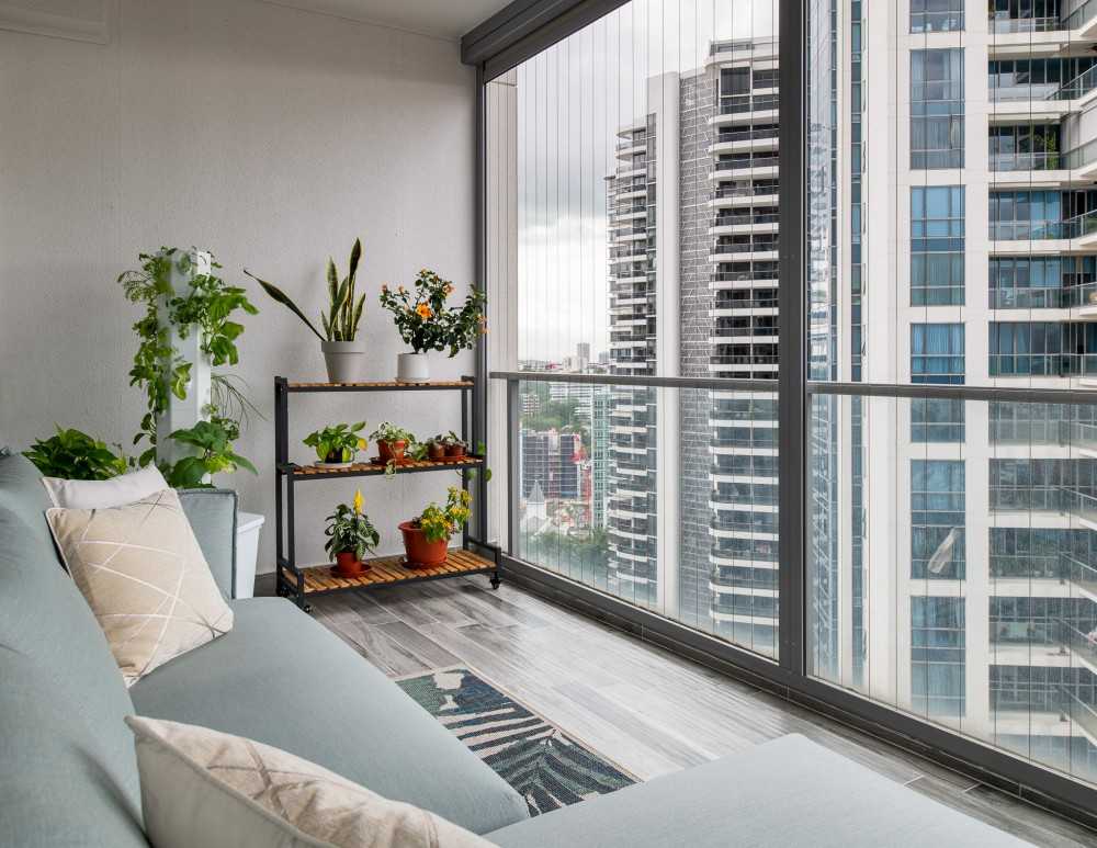 Modern Balcony with Window Seat and Window Grille