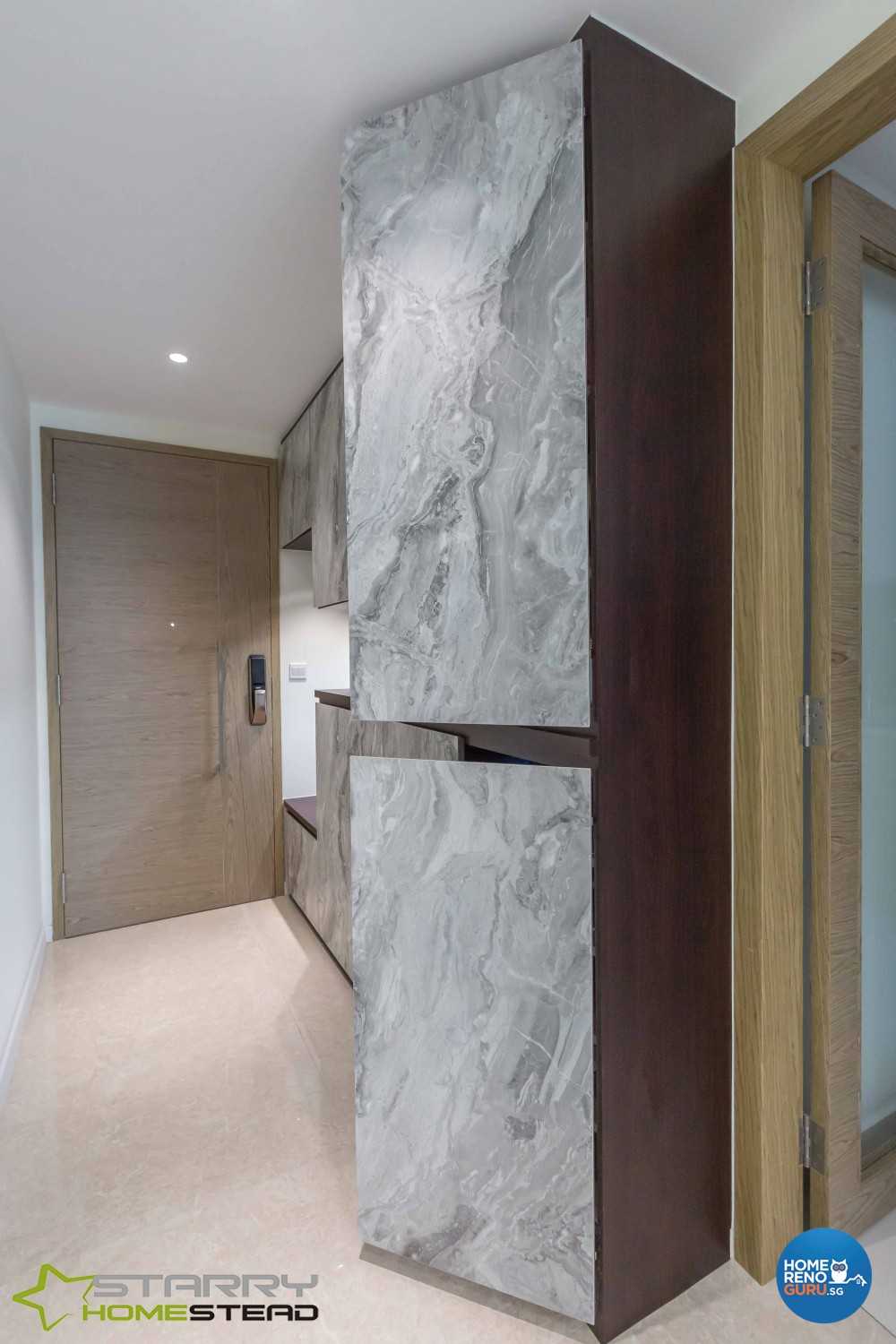 Modern Entryway with Seating Bench and Shoe Cabinets