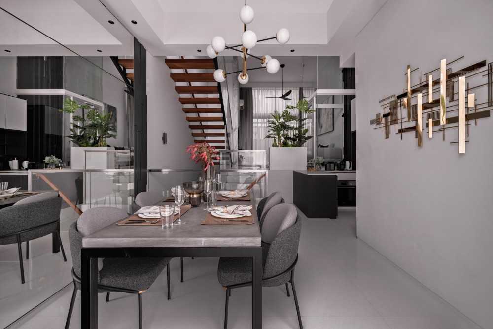Contemporary Dining Room with Chandelier and Dining Table