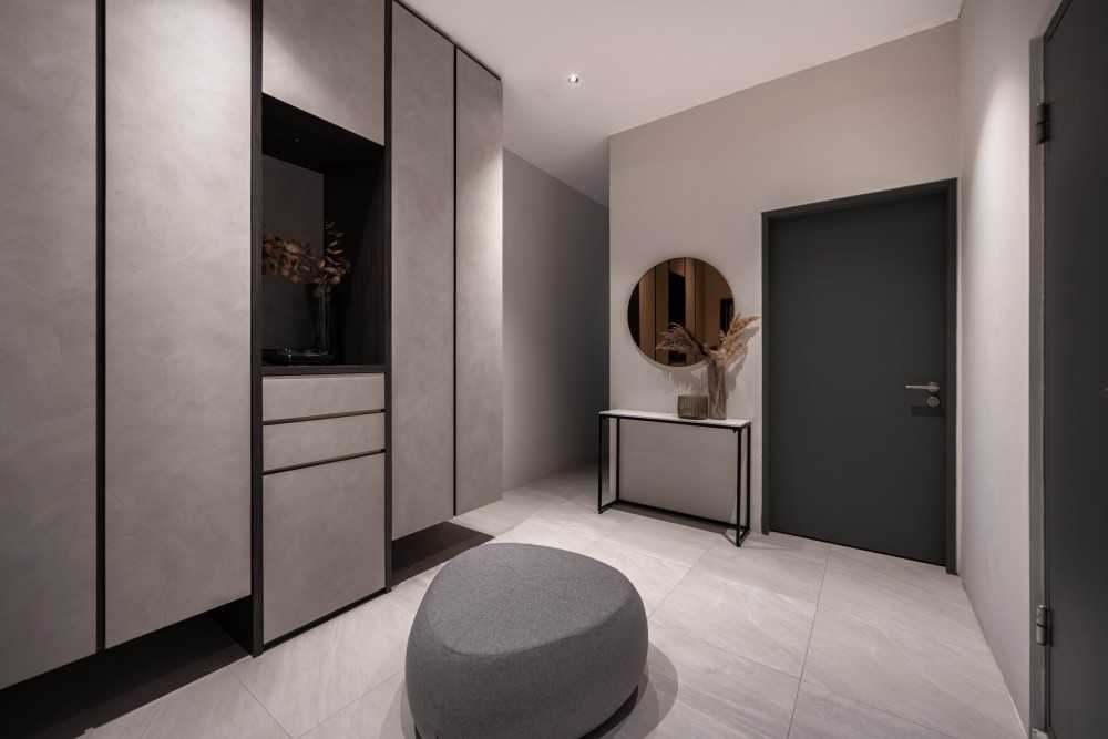 Contemporary Basement with Wall Shelves and Shelving Units
