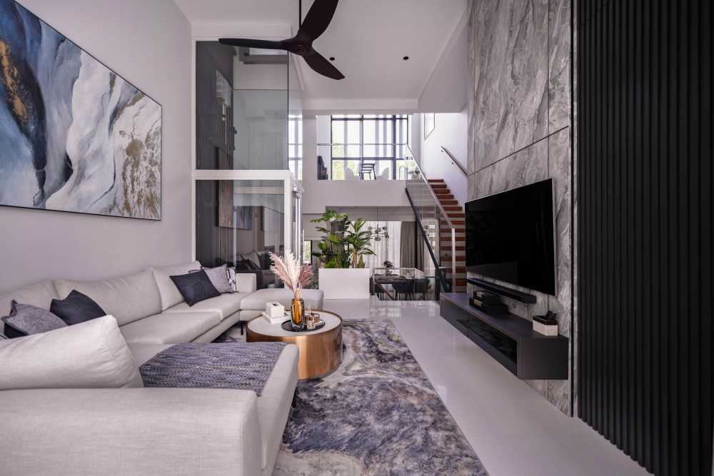 Contemporary Living Room with TV Console and Feature Wall