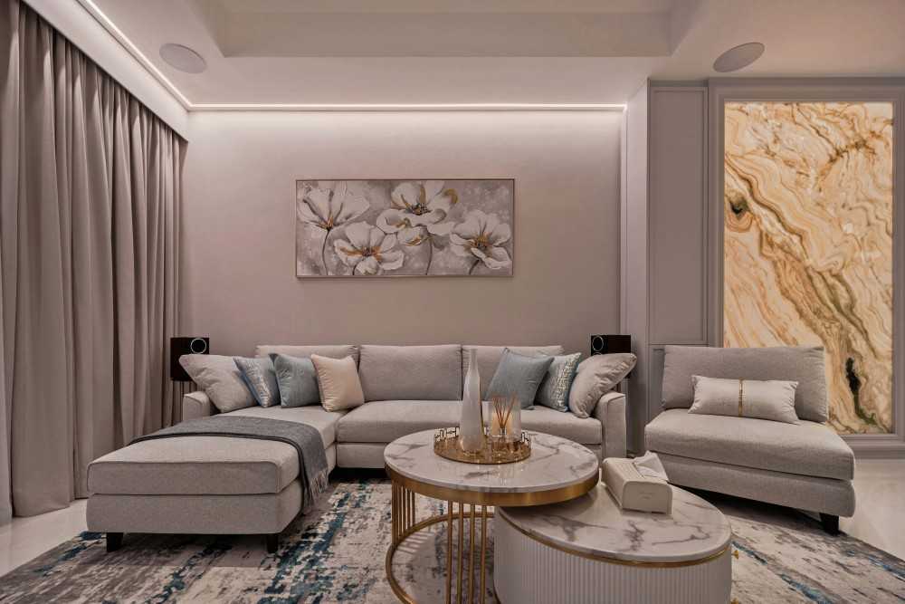 Modern Living Room with Marble Floor and TV Console