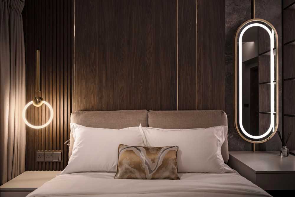 Modern Bedroom with Cove Lighting and Built-in Bed