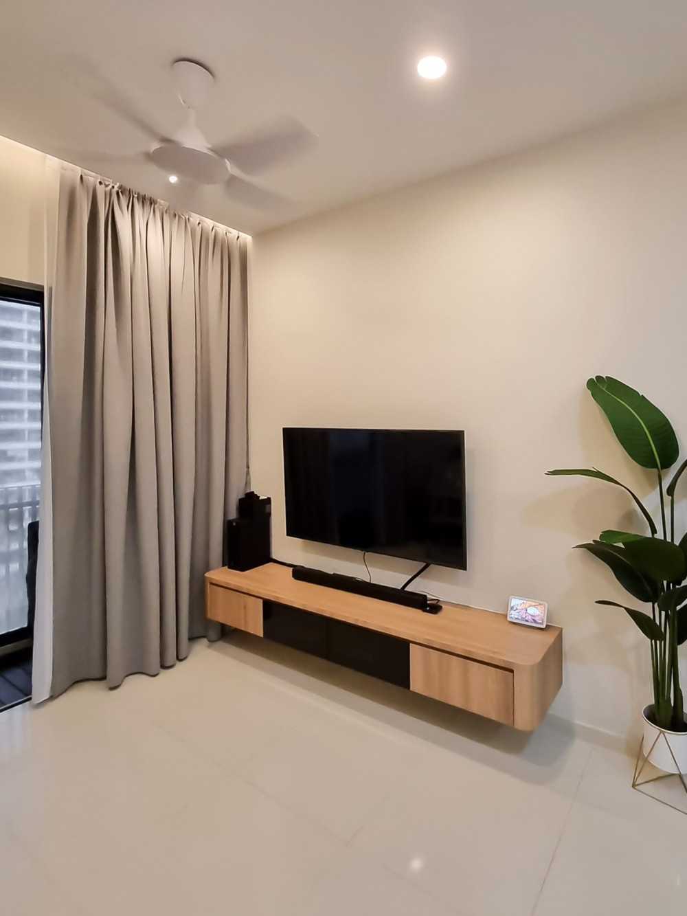 Scandinavian Living Room with TV Console and Window Grille